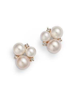 Bloomingdales Cultured Freshwater Pearl & Diamond Cluster Stud Earrings in 14K Yellow Gold Product Image