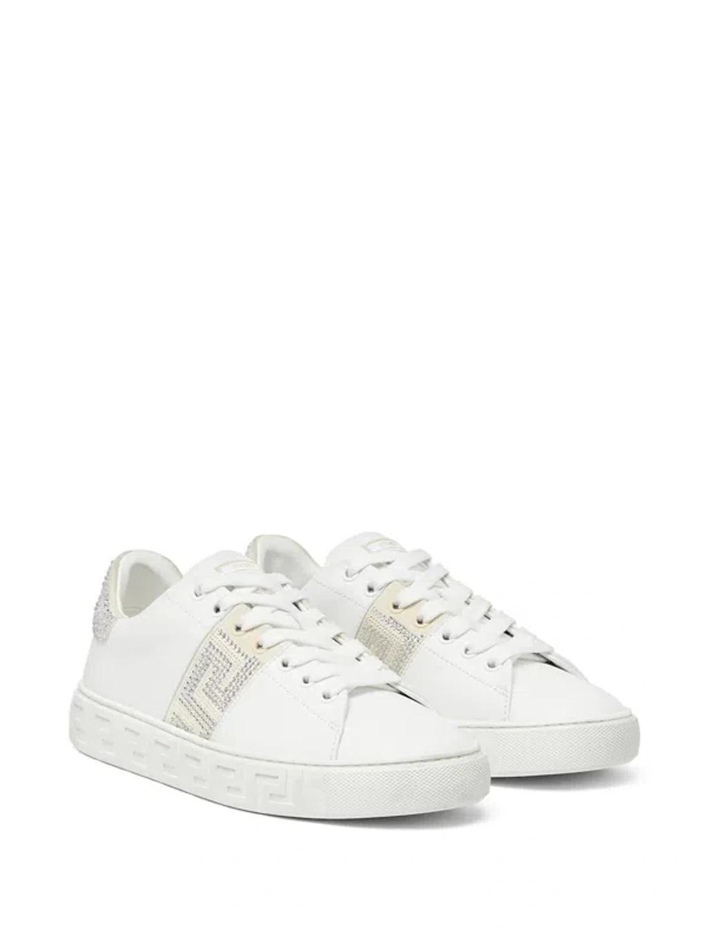 White Crystal Greca Leather Sneakers In Bianco Product Image