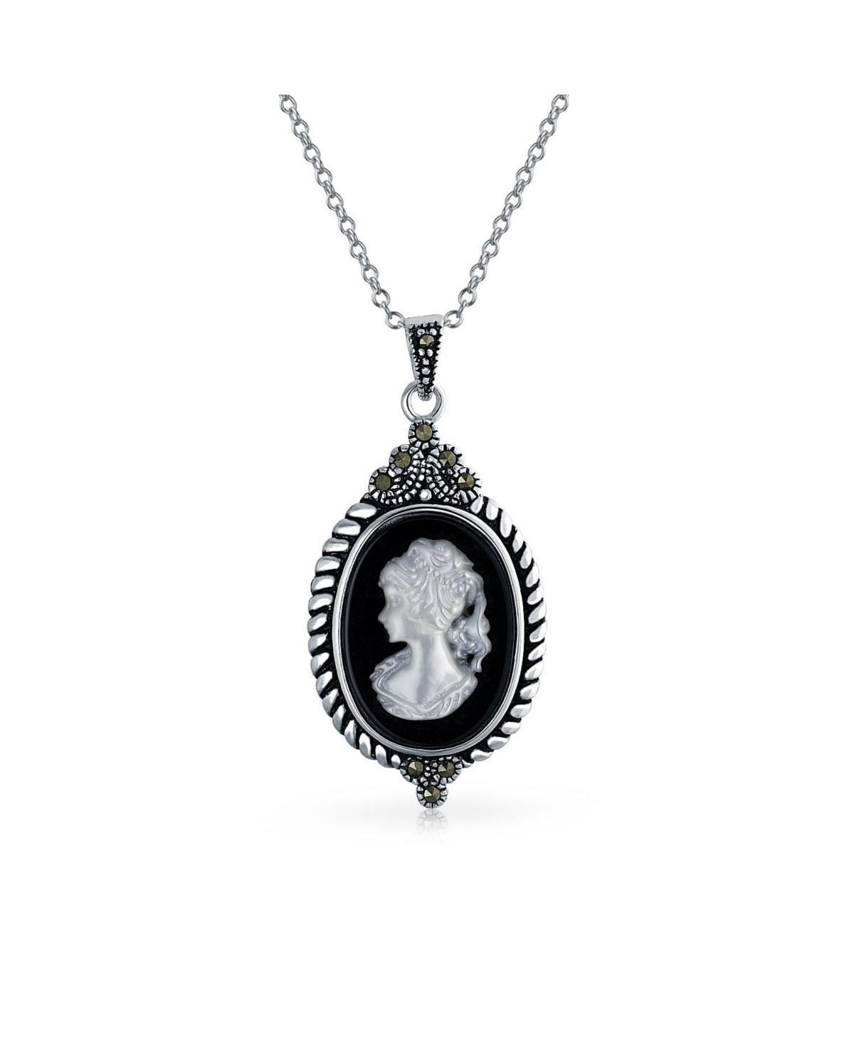 Bling Jewelry Estate Style Mother of Pearl Shell White Carved Victorian Lady Portrait Cameo Pendant Necklace For Women Natural Marcasite Frame O Product Image