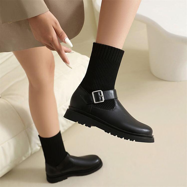 Buckled Platform Chunky Heel Sock Boots Product Image