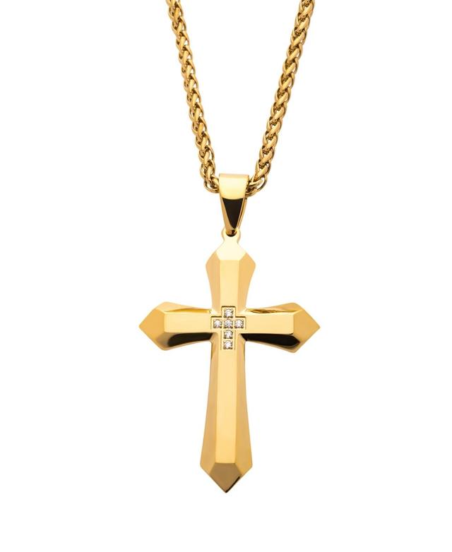 Mens Gold Tone Stainless Steel Cubic Zirconia Cross Pendant Necklace Product Image