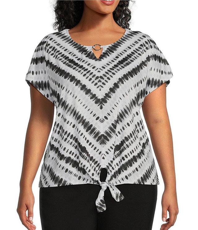 Allison Daley Plus Size Tie Dye Stripe Print Cap Sleeve Keyhole Neck Tie Front Knit Top Product Image