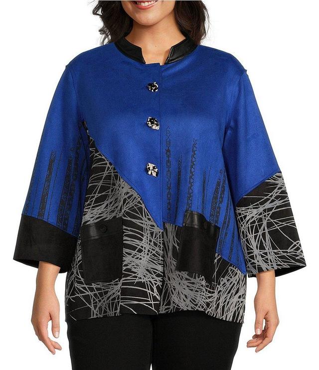 Ali Miles Plus Size Faux Suede Knit Placement Print Stand Collar 3/4 Sleeve Jacket Product Image