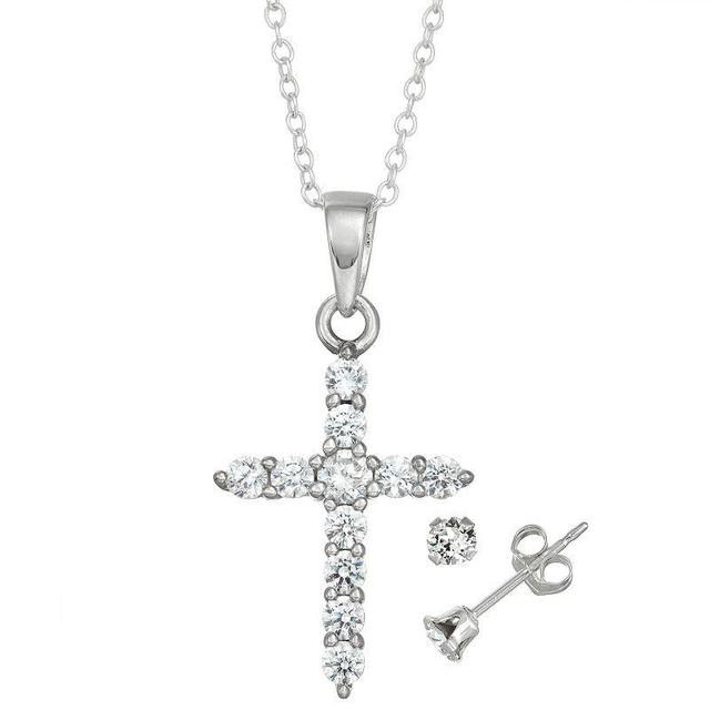 Charming Girl Kids Sterling Silver Cubic Zirconia Cross Pendant & Stud Earring Set, Womens Product Image