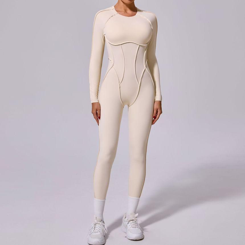 Long-Sleeve Plain Inside Out Seam Sports Jumpsuit Product Image