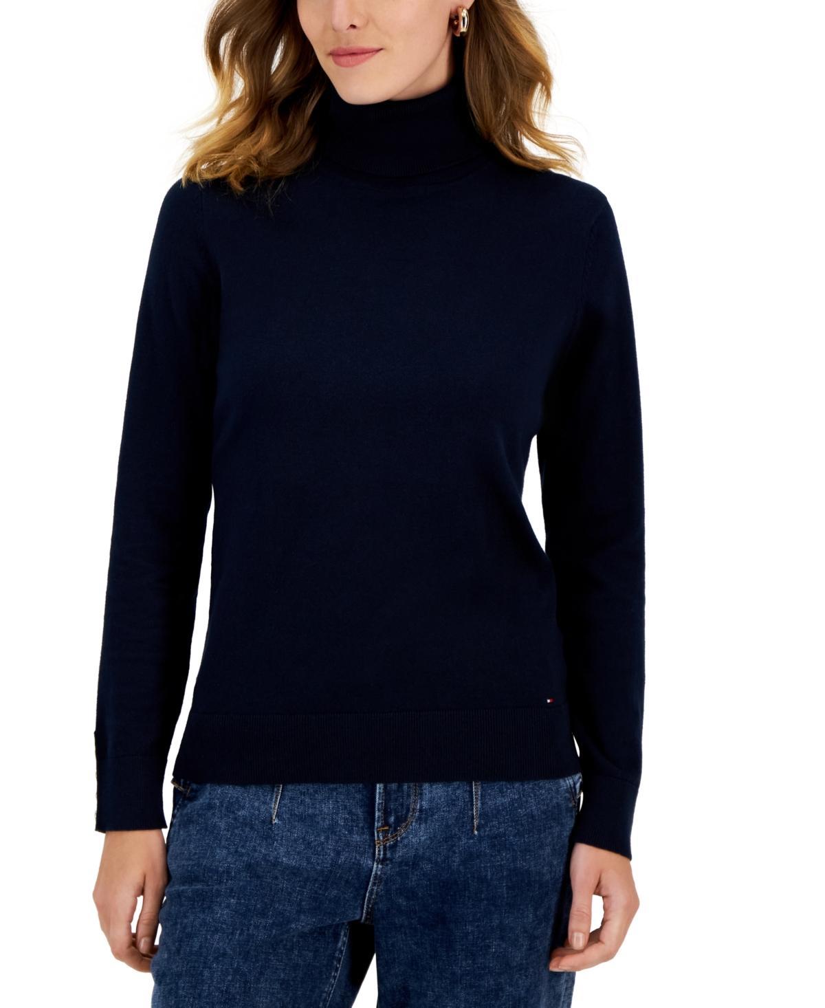 Tommy Hilfiger Womens Cotton Solid Button Cuff Turtleneck Sweater Product Image