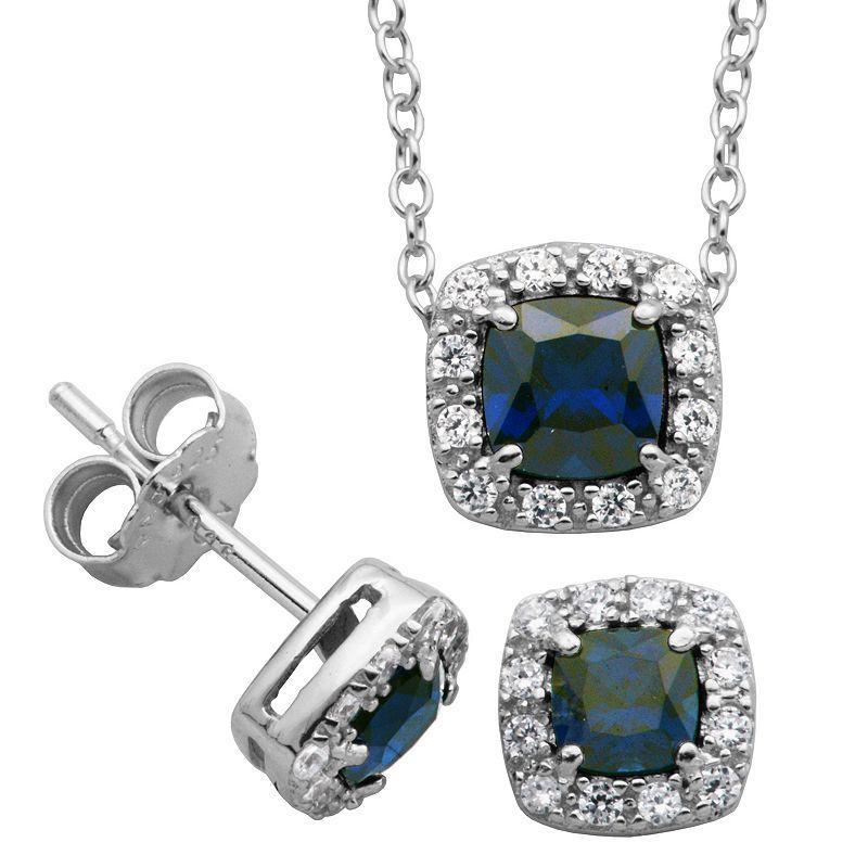 Sterling Silver Lab-Created Blue Sapphire & Cubic Zirconia Cushion Halo Pendant Necklace & Stud Earrings Set, Womens Product Image