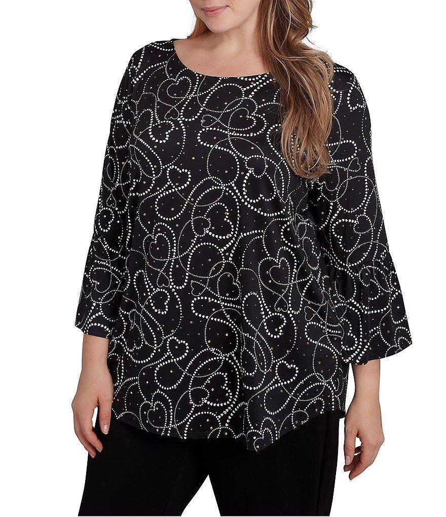 Ruby Rd. Plus Size Knit Abstract Heart Dew Drop Accents Scoop Neck 3/4 Sleeve Top product image