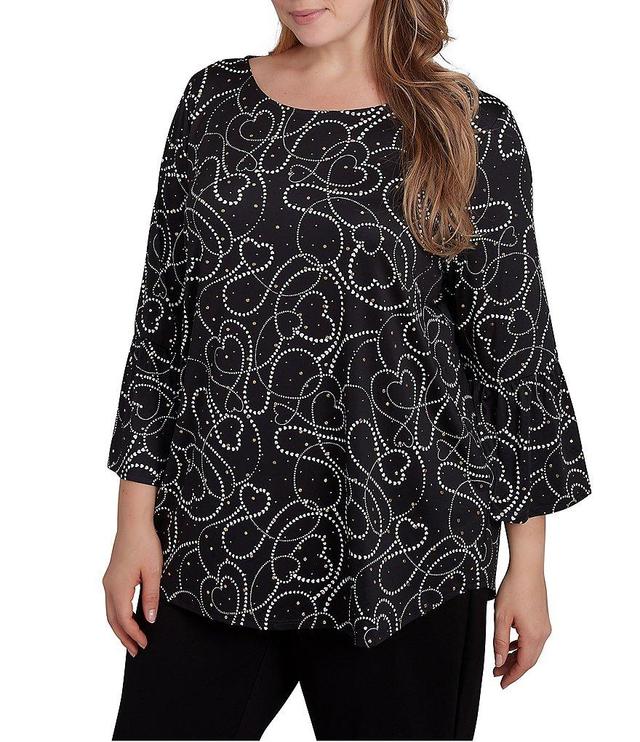 Ruby Rd. Plus Size Knit Abstract Heart Dew Drop Accents Scoop Neck 3/4 Sleeve Top Product Image