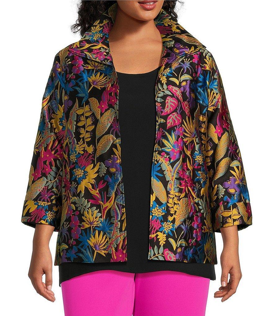 Caroline Rose Plus Size Jacquard Floral Fantasy Spread Collar 3/4 Sleeve Open-Front Statement Jacket Product Image