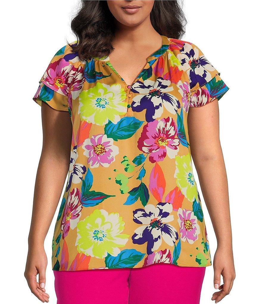 Skies Are Blue Plus Size Floral Print Woven Split V-Neck Flutter Short Sleeve Top Product Image