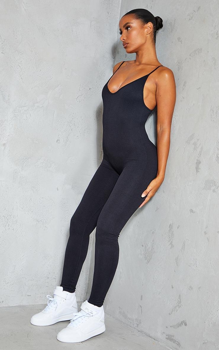 Black Structured Snatched Rib Strappy Plunge Jumpsuit Product Image