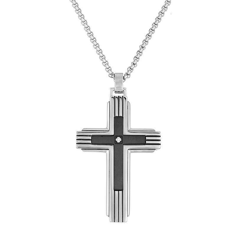 Mens LYNX Black Ion Plated-Stainless Steel Diamond Accent Cross Pendant Necklace Multicolor Product Image