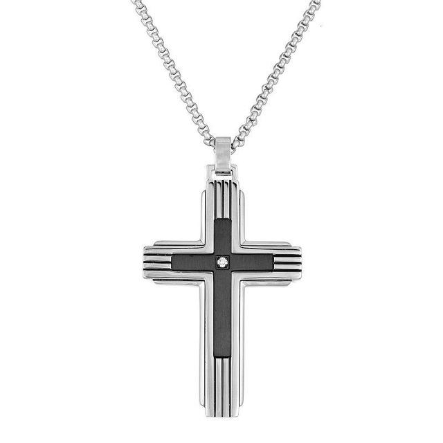 Mens LYNX Black Ion Plated-Stainless Steel Diamond Accent Cross Pendant Necklace Two Tone Product Image