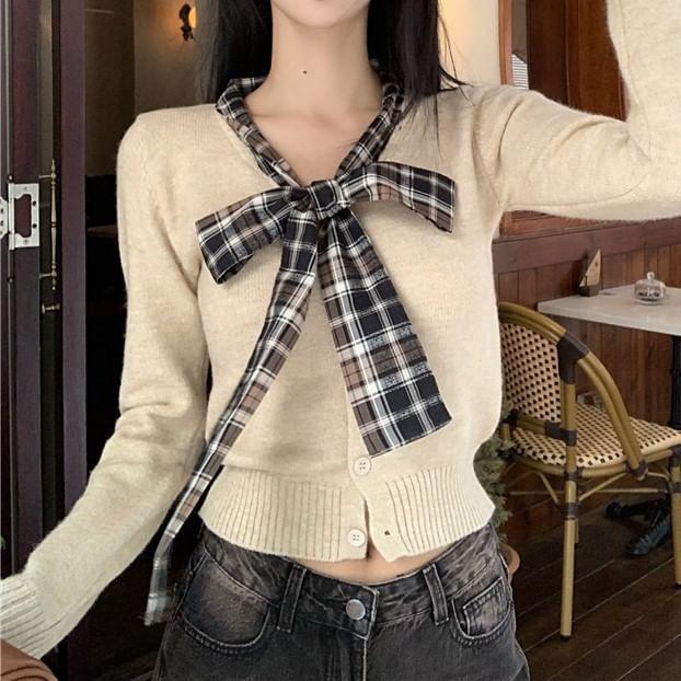 Long-Sleeve Tie-Neck Plaid Panel Button Crop Top Product Image