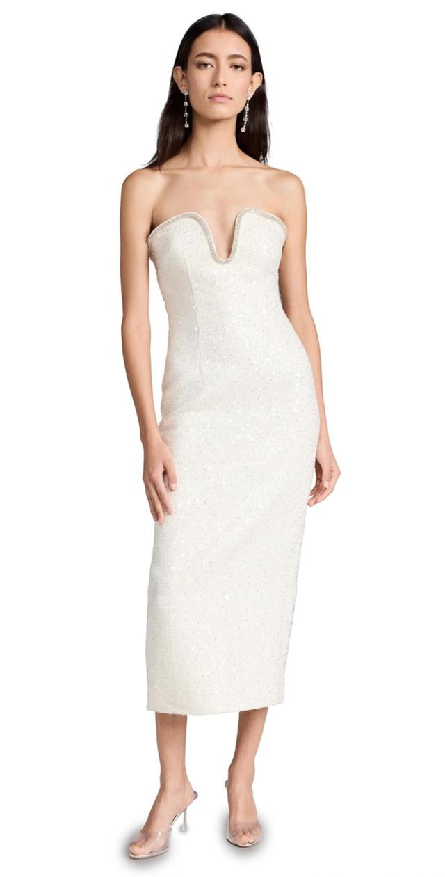 Embellished Boucle Midi Sheath Dress In White Product Image