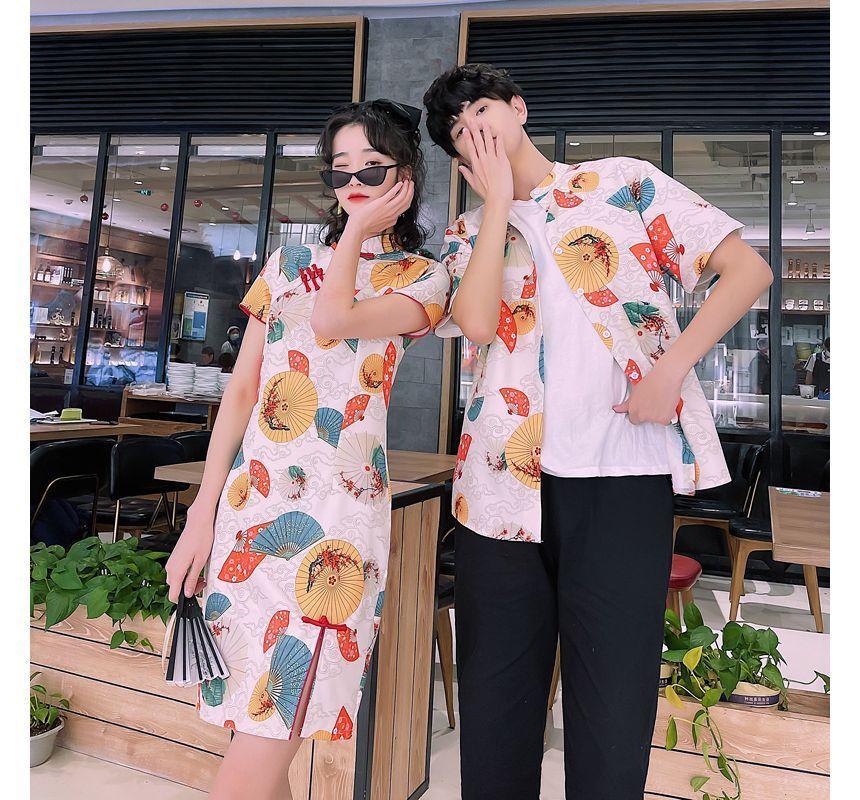 Couple Matching Short-Sleeve Fan Print Mini Qipao / Shirt / Plain Straight Leg Pants / Set Product Image