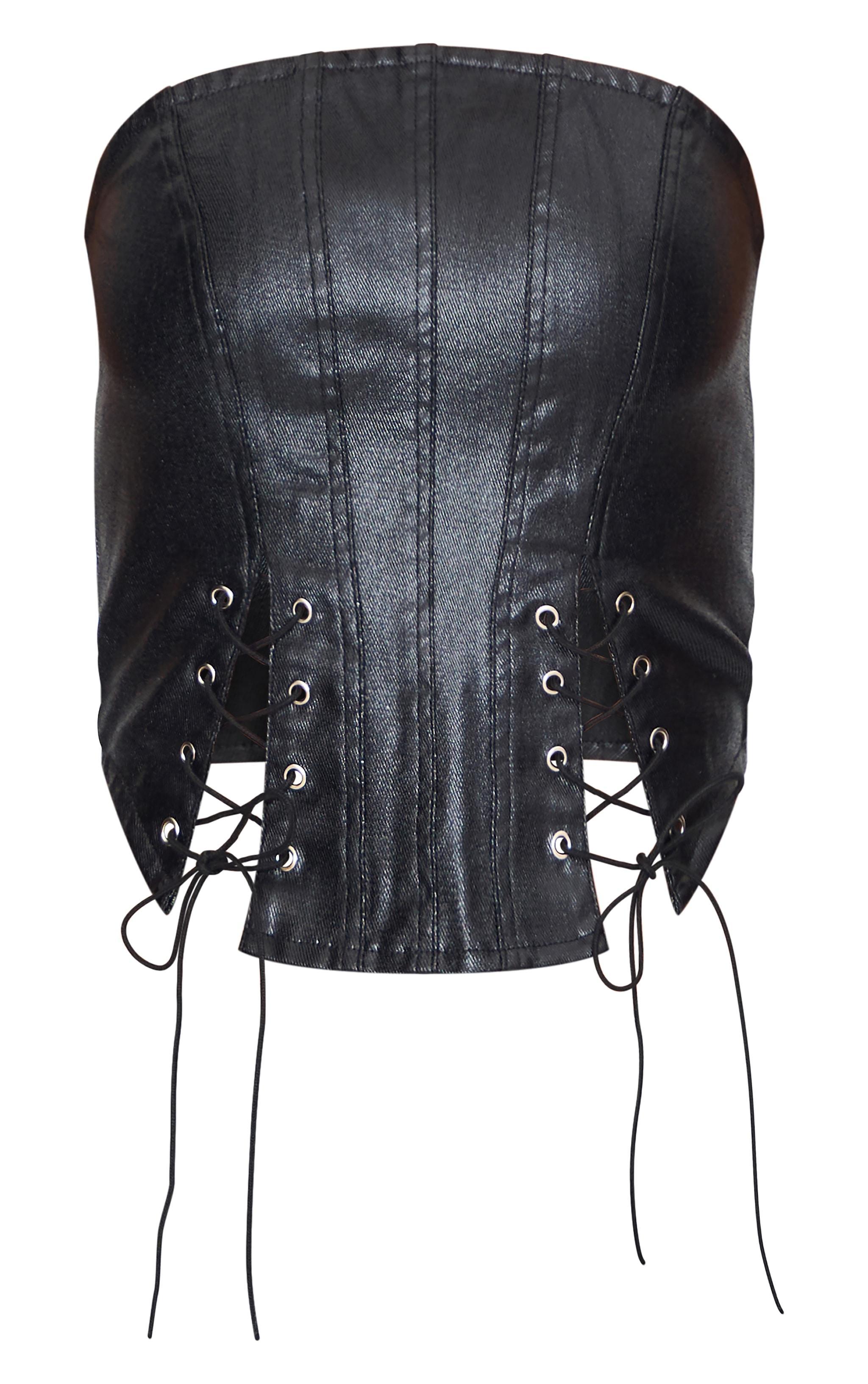 Black Coated Denim Lace Up Front Bandeau Corset Product Image