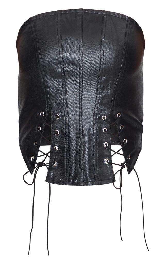 Black Coated Denim Lace Up Front Bandeau Corset Product Image