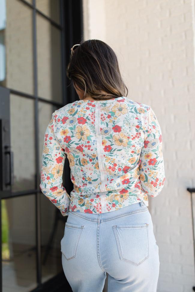 Lazy Daisy Red and Mustard Multi Floral Print Waffle Layering Top FINAL SALE Product Image