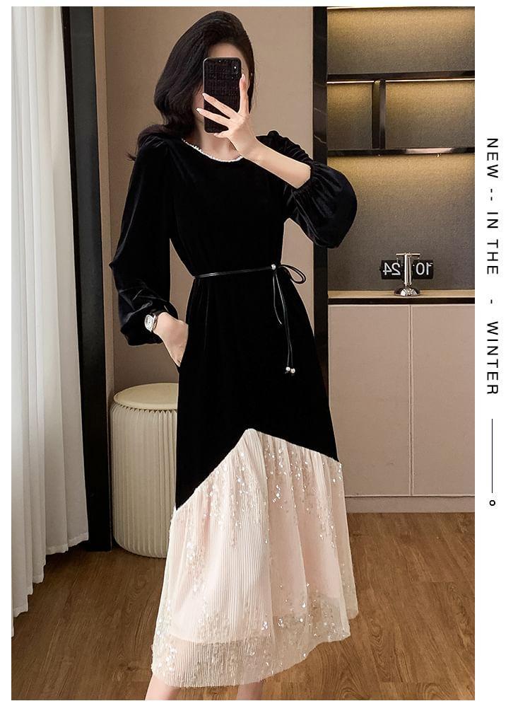 Long-Sleeve Crewneck Velvet Midi A-Line Dress Product Image