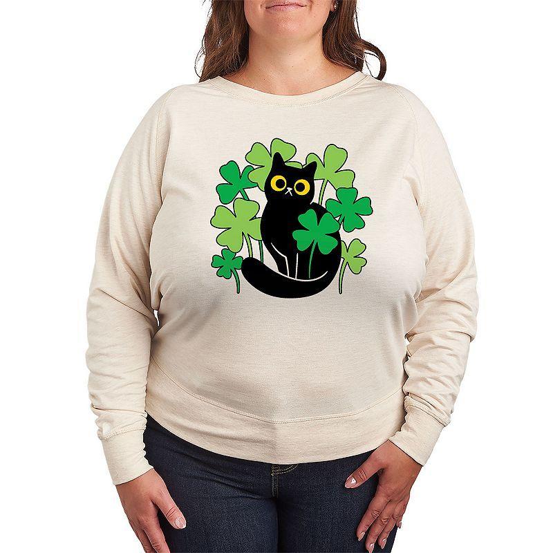 Plus Black Cat In Clover Patch Slouchy Graphic Sweatshirt, Womens Product Image