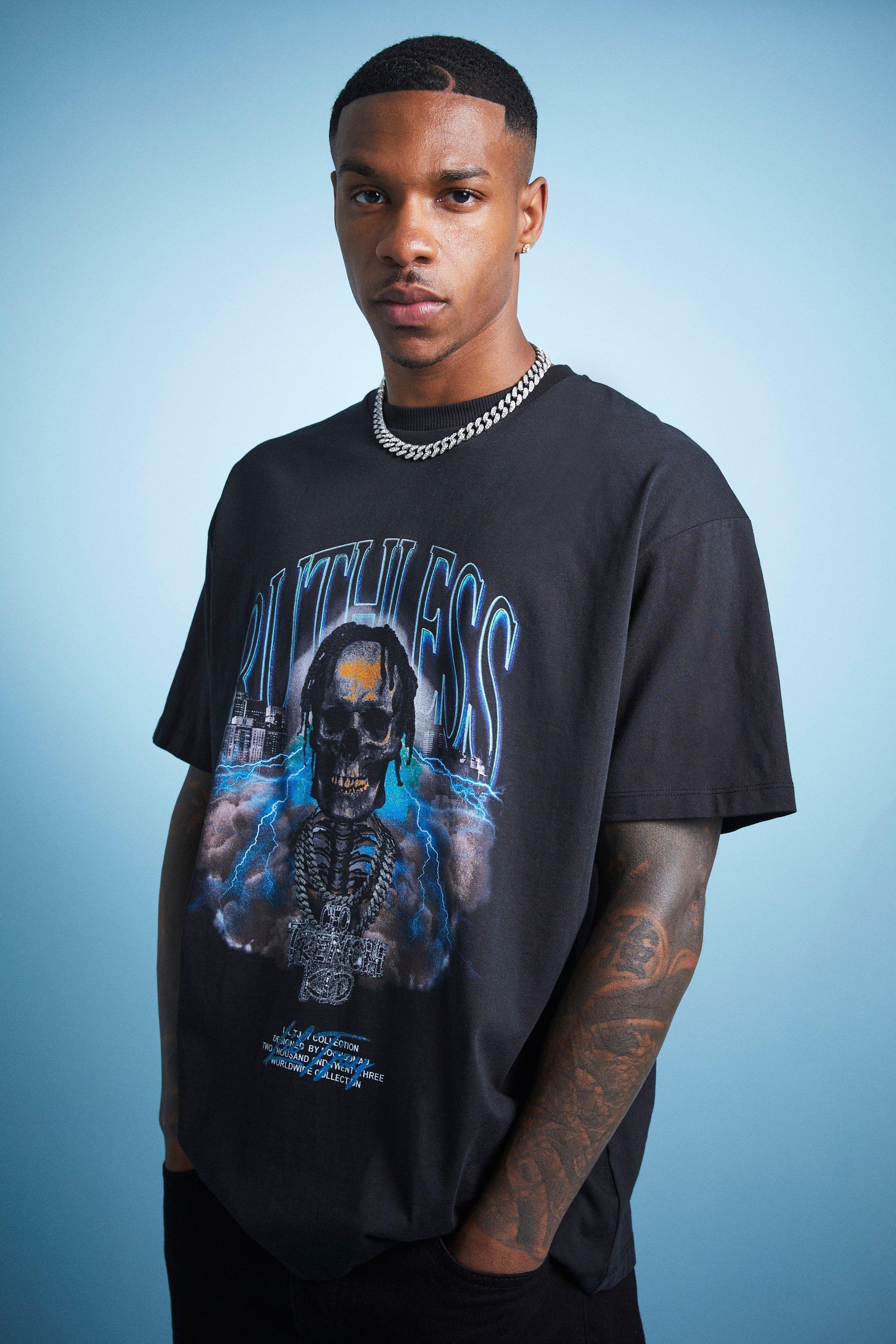 Lil Tjay Oversized Ruthless Skull Graphic T-shirt | boohooMAN USA Product Image