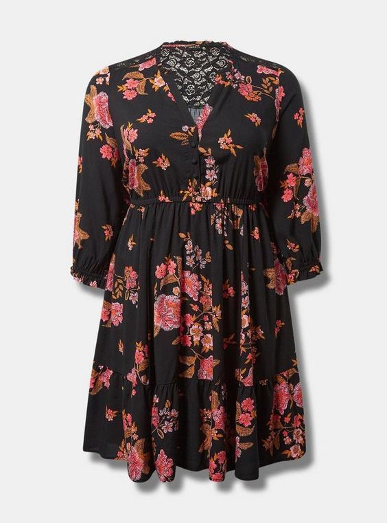 Mini Challis Ruffle Neck 3/4 Sleeve Shirt Dress Product Image