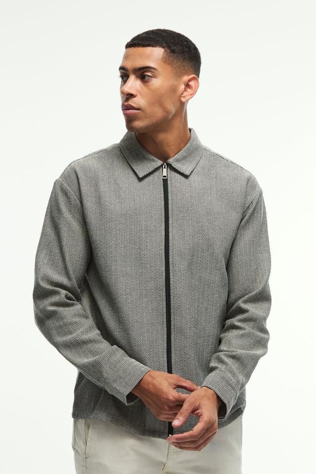 Oversized Fit Zip Through Herringbone Shirt | boohooMAN USA Product Image