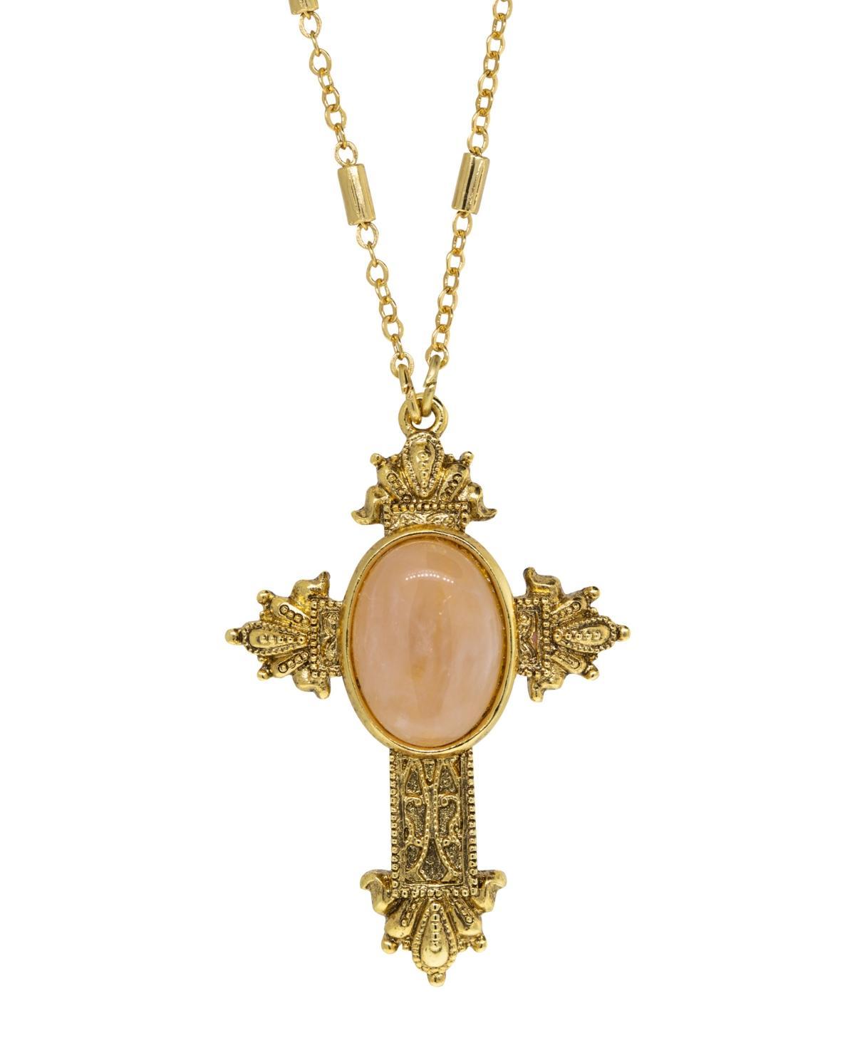 14K Gold Dipped Oval Semi Precious Genuine Rose Quartz Cross Necklace Product Image