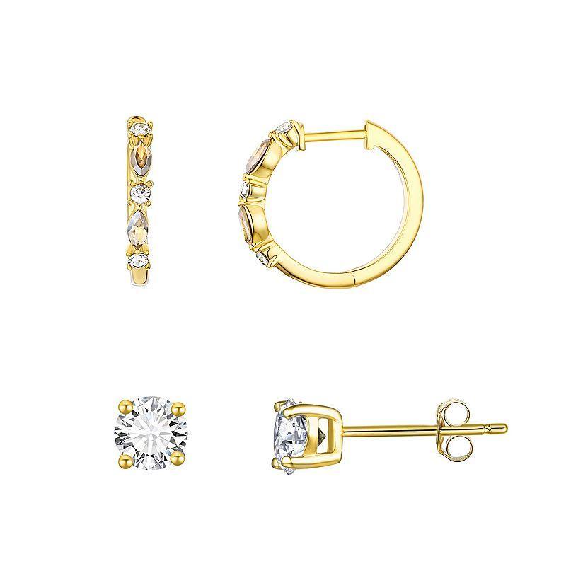 Chrystina Crystal 2 Pair Gold Tone Stud & Hoop Earrings Set, Womens, Yellow Product Image