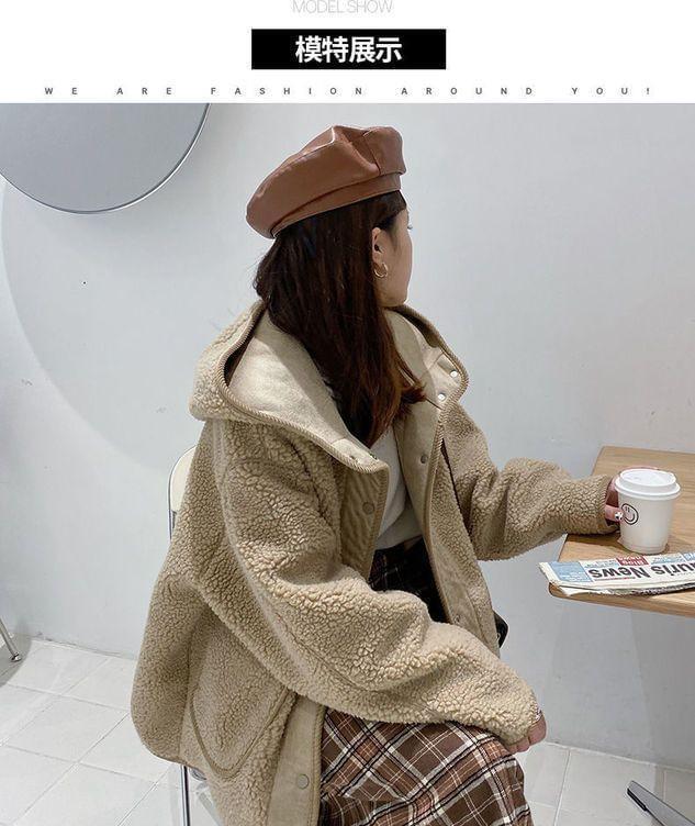 Plain Hooded Faux Shearling Single-Breasted Jacket Product Image