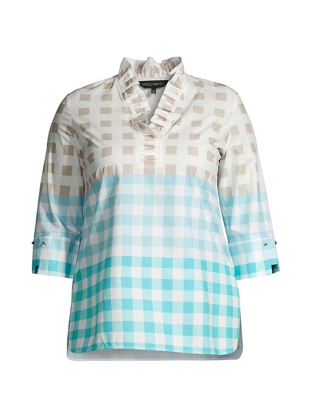 Womens Ruffled Cotton Gingham Blouse Product Image