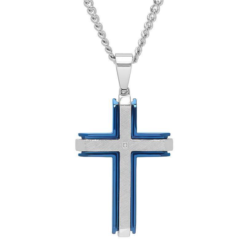 Mens Two Tone Stainless Steel Diamond Accent Cross Pendant White Product Image