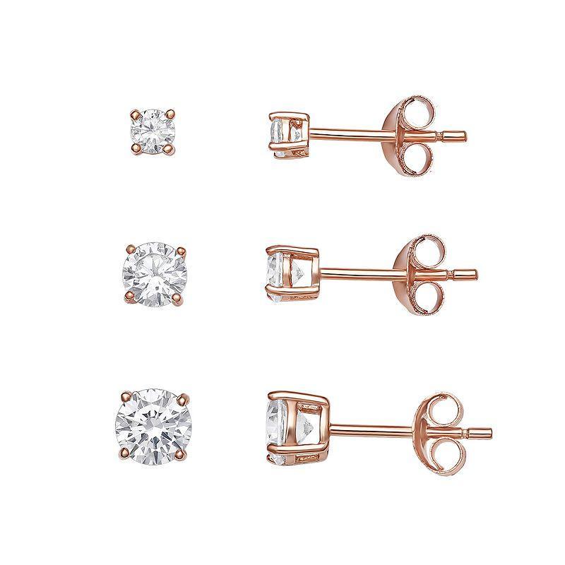 PRIMROSE Sterling Silver Cubic Zirconia Graduated Stud Earring Trio Set, Womens, Pink Tone Clear Product Image