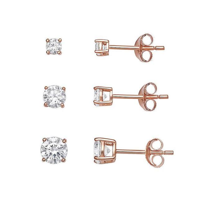 PRIMROSE Sterling Silver Cubic Zirconia Graduated Stud Earring Trio Set, Womens, Pink Tone Clear Product Image