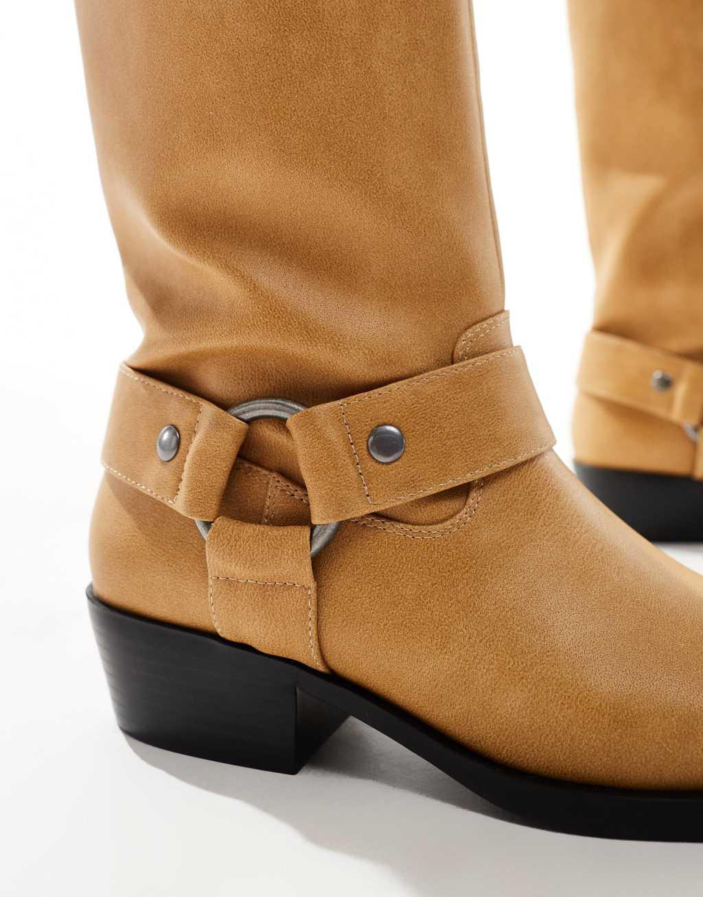 Bershka buckle detail calf length boots in beige Product Image