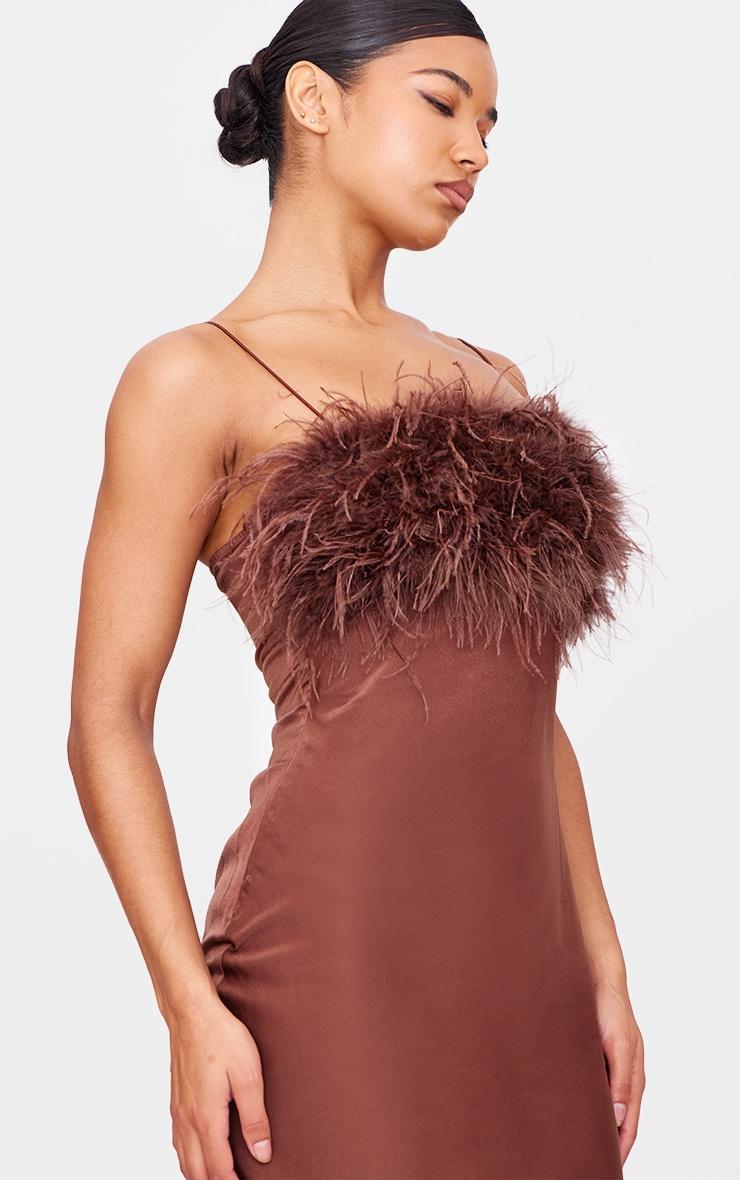 Chocolate Satin Feather Bust Detail Maxi Dress Product Image