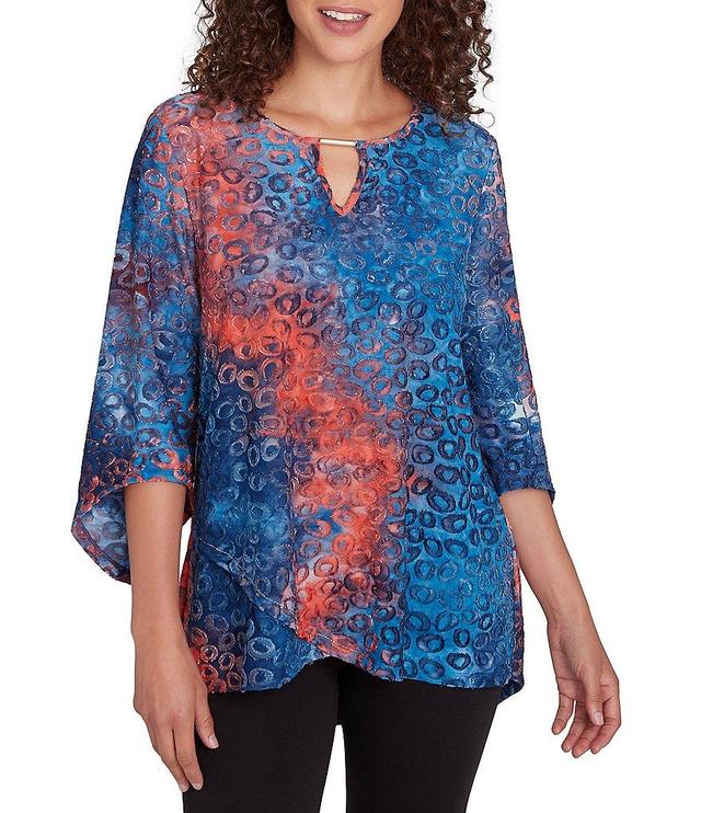 Ruby Rd. Petite Size Jacquard Knit Tie-Dye Keyhole Bar Detail 3/4 Sleeve Top Product Image