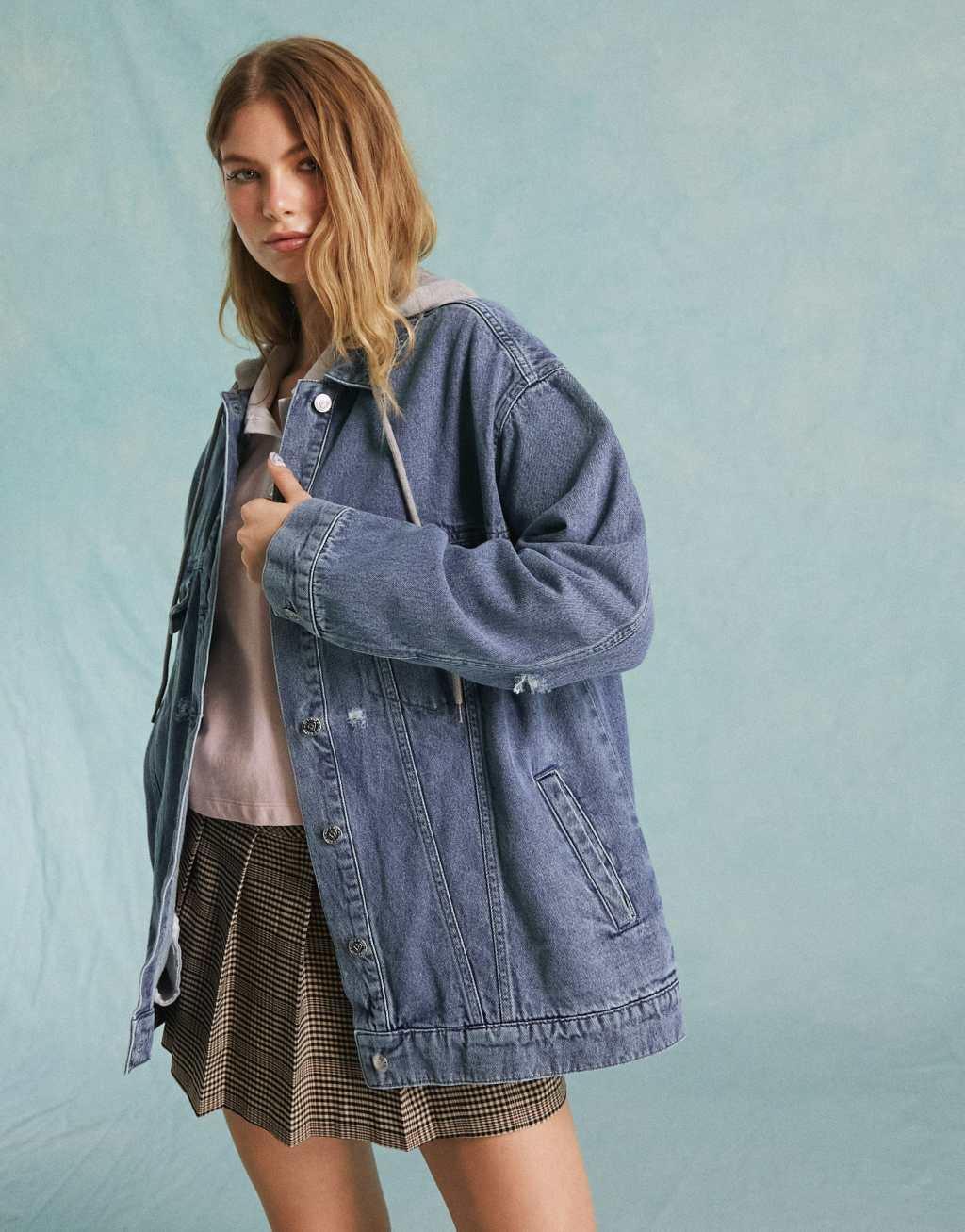 Miss Selfridge denim jacket with hood in blue wash Product Image