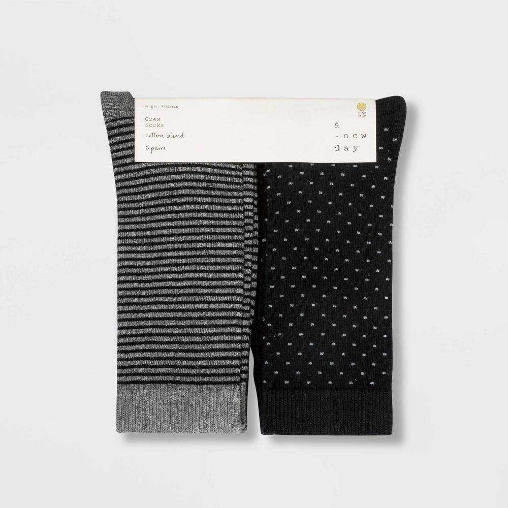 Women's Multipattern 6pk Crew Socks - A New Day™ Black/Gray 4-10 Product Image