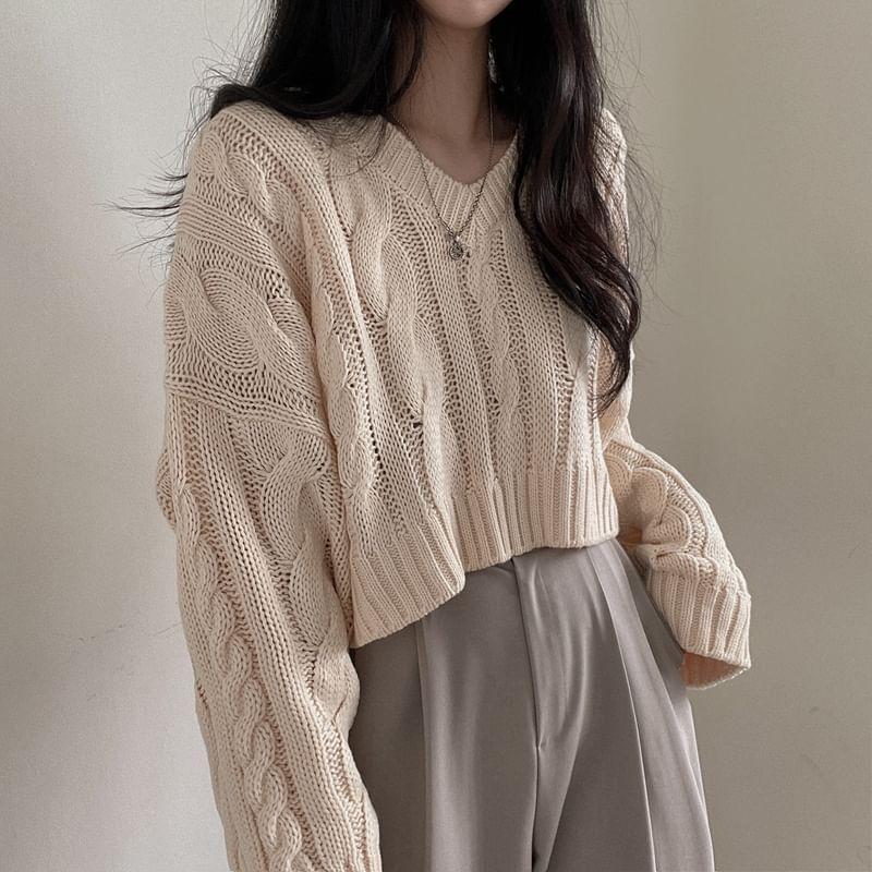 V-Neck Long-Sleeve Plain Cable Knit Sweater Product Image