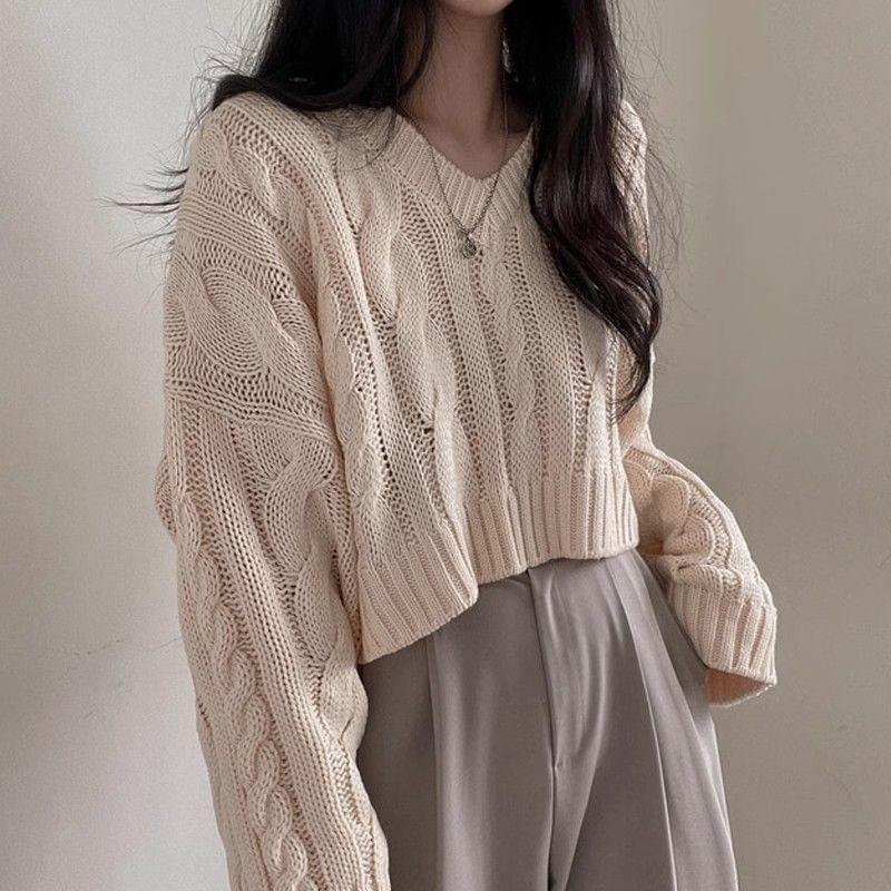 V-Neck Plain Cable-Knit Cropped Sweater Product Image