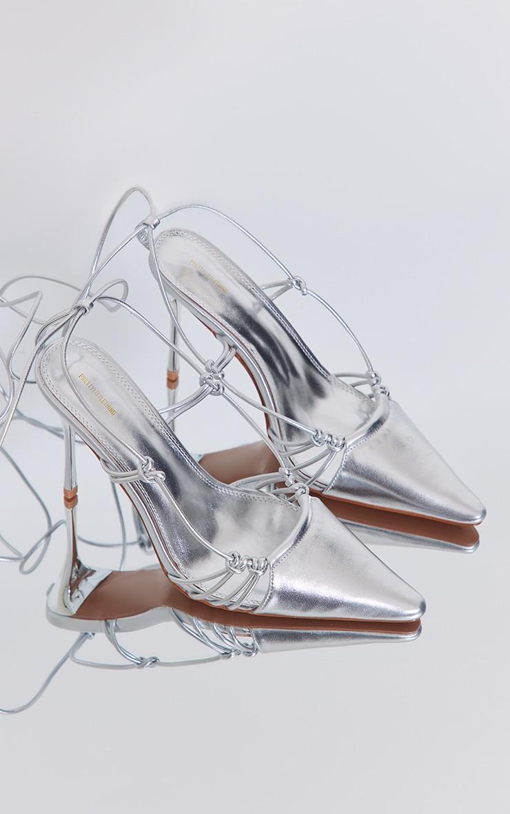 Silver Metallic Pointed Stiletto Toe Knot Detail High Heeled Court Sandals Product Image