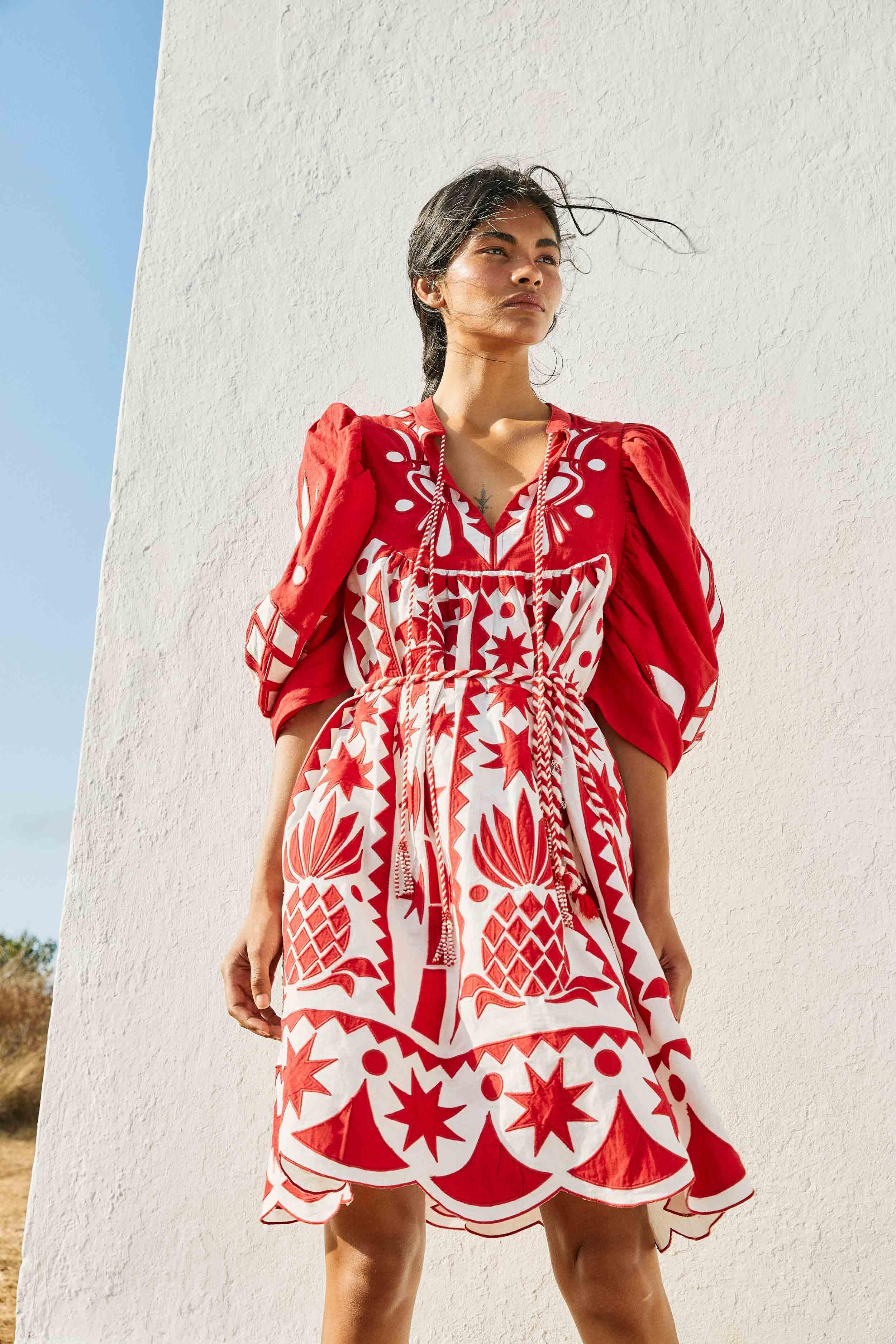 Red Tropical Cutwork Midi Dress Product Image