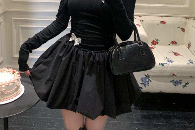 Long-Sleeve Off-Shoulder Bow Applique Mini A-Line Dress Product Image