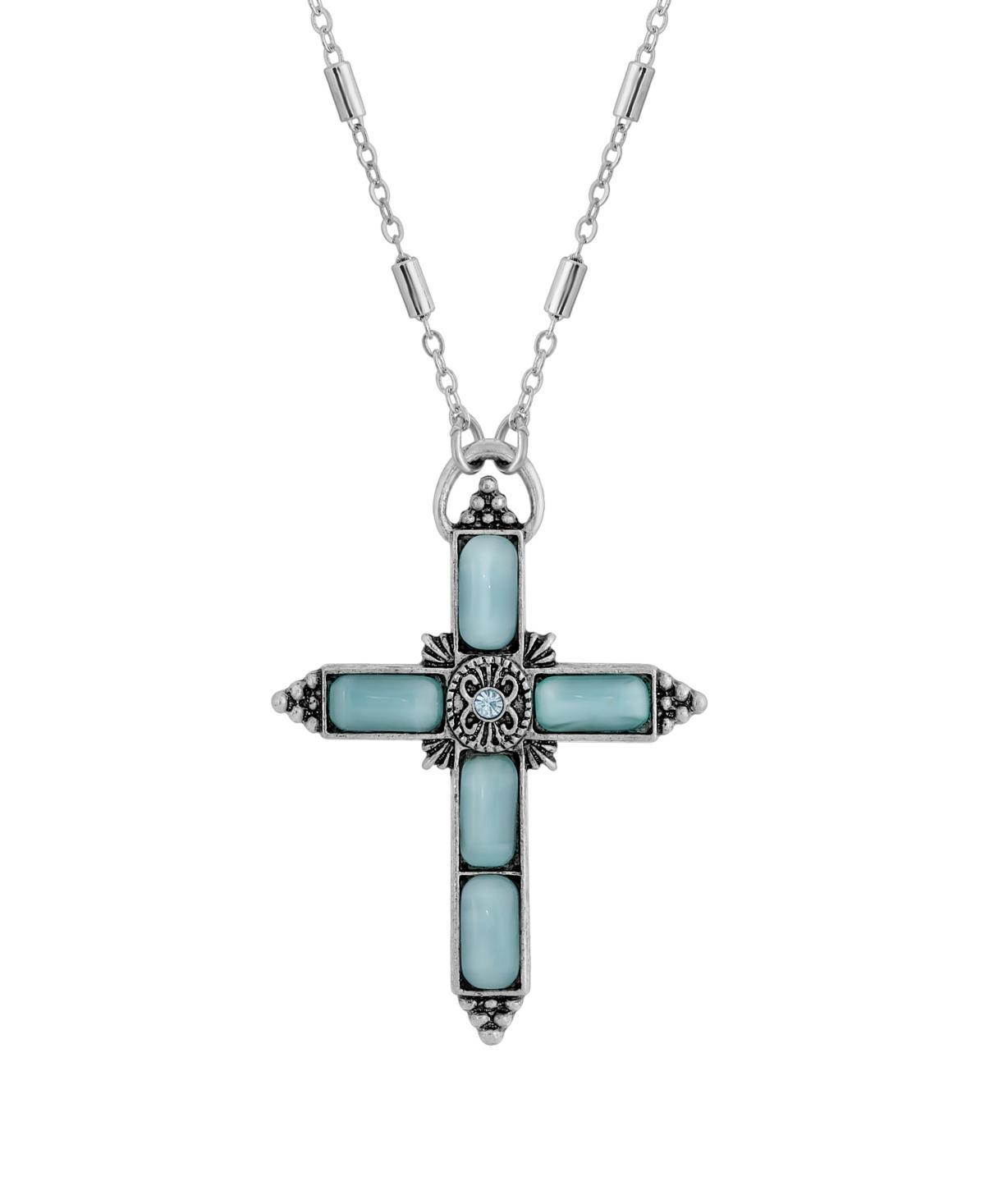 1928 Silver Tone Aqua Moonstone Cross Necklace, Womens, Blue Product Image