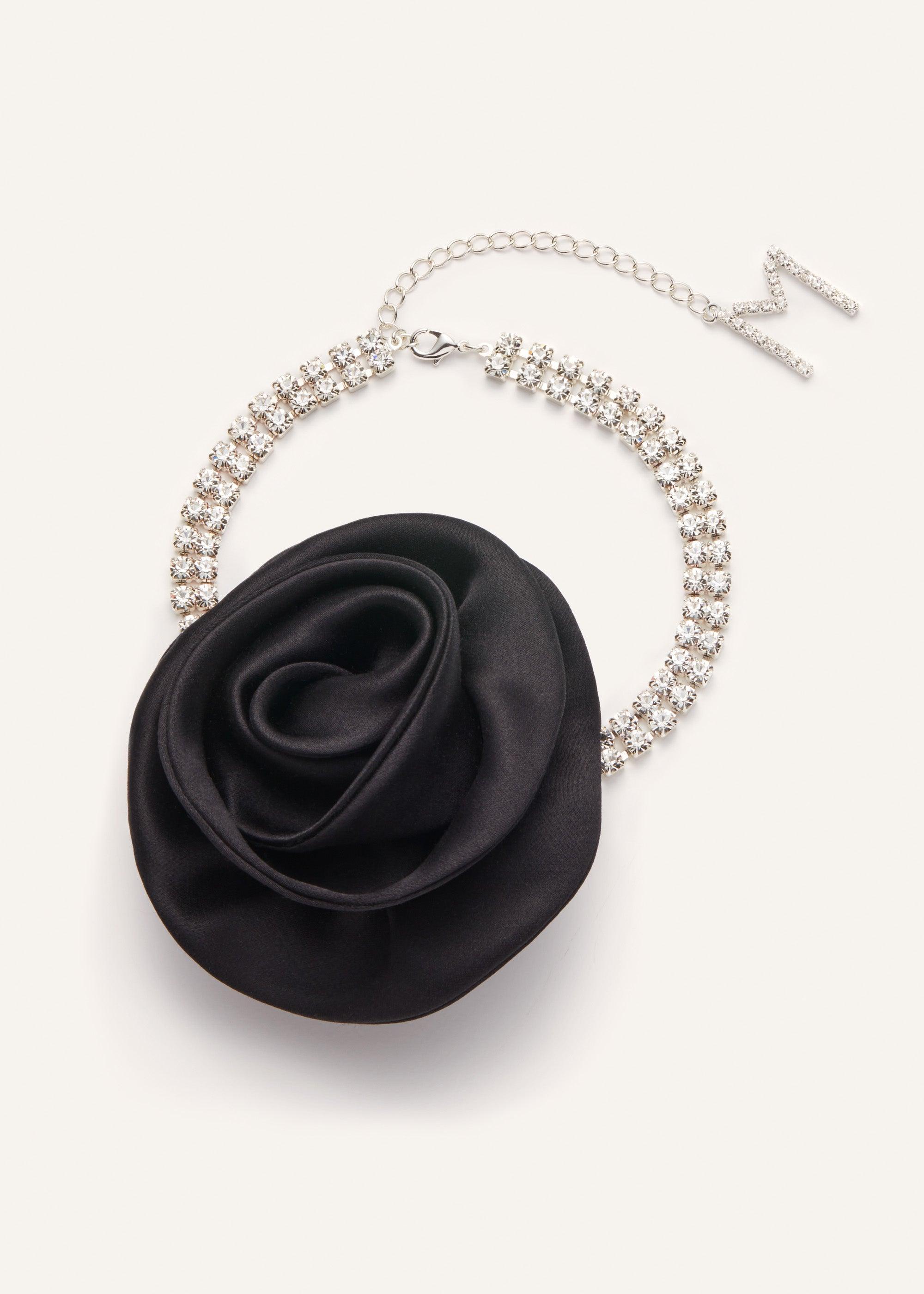 Satin flower crystal choker necklace in black Product Image