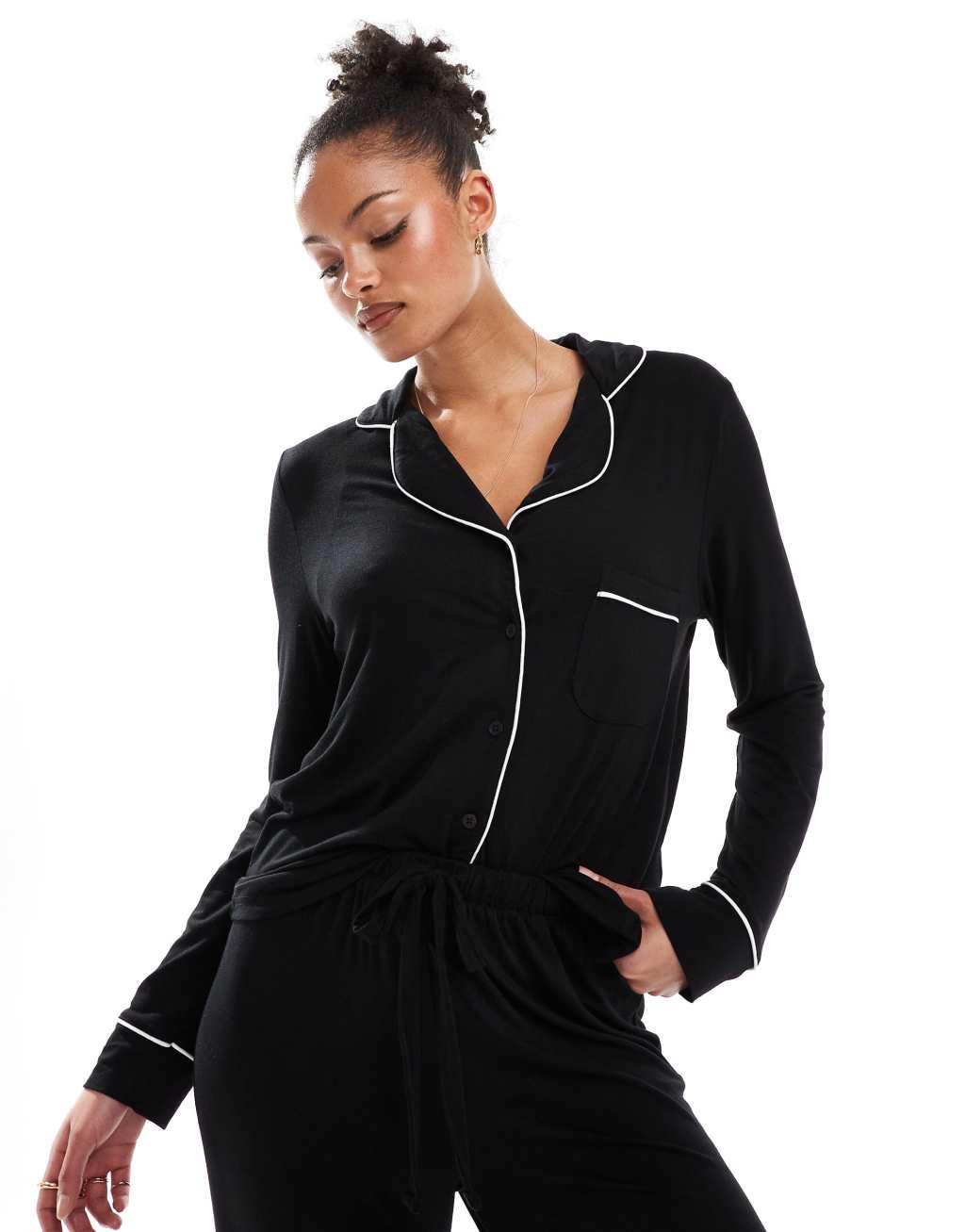 ASOS DESIGN Tall super soft long sleeve shirt & pants pajama set with contrast piping in black Product Image