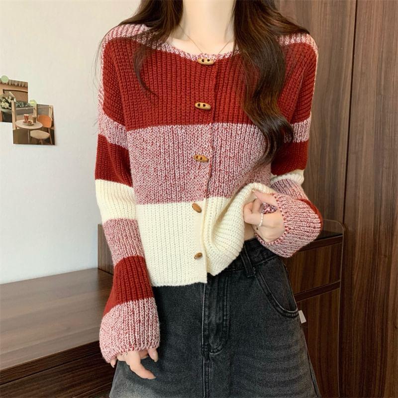 Round Neck Color Block Toggle Cardigan Product Image